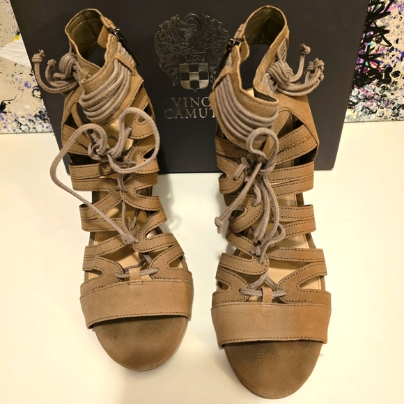 Vince Camuto Shoes - VINCE CAMUTO Tan Chunky Heel Laceup Sandals Tassles Detail Zipup Sides Size 11